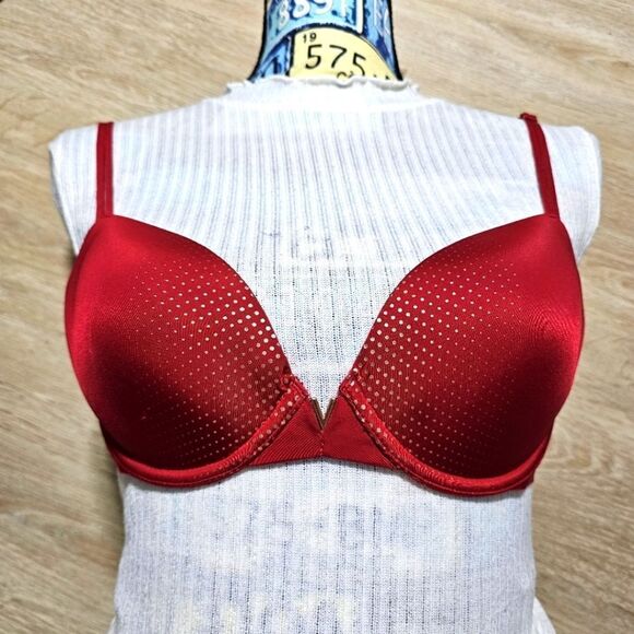34C Victoria's Secret VS red bra with gold Polka dots lined demi demi double C75 - Picture 1 of 9